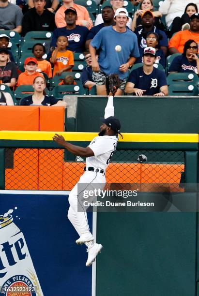 Left fielder Akil Baddoo of the Detroit Tigers can't reach a home run hit by Kyle Higashioka of the New York Yankees during the fifth inning at...