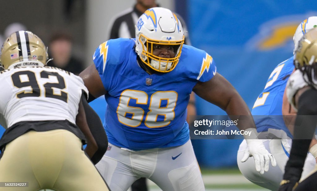 Jamaree Guard Jamaree Salyer of the Los Angeles Chargers while playing the ...
