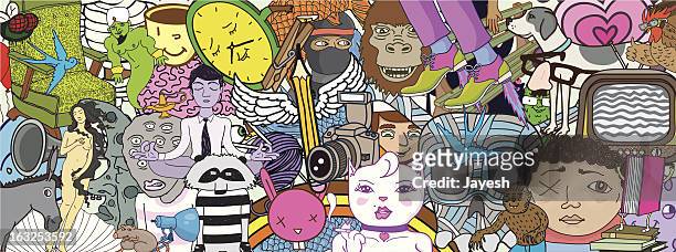 ilustrações, clipart, desenhos animados e ícones de conjunto de rabiscos fundo - monstro