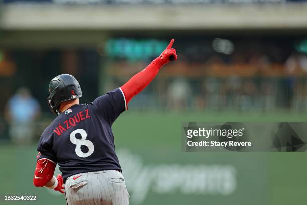 Christian Vazquez of the Minnesota Twins celebrates a two run home run against the Milwaukee Brewers during the second inning at American Family...