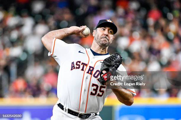 Justin Verlander of the Houston Astros pitches in the first inning against the Boston Red Sox at Minute Maid Park on August 22, 2023 in Houston,...