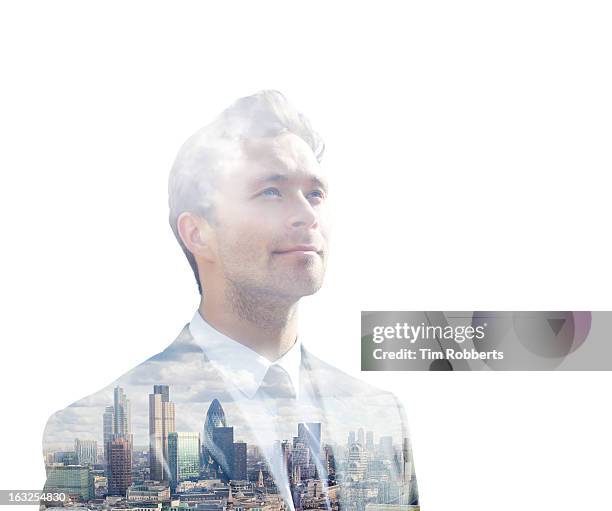 double exposure of business man and city - double exposure business stockfoto's en -beelden