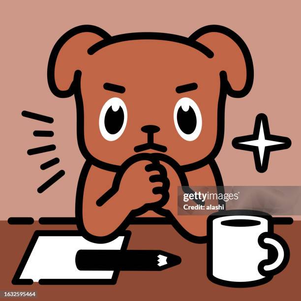 a labrador retriever leaning on a table with hands clasped on the chin, thinking, evaluating, considering - chin stock illustrations