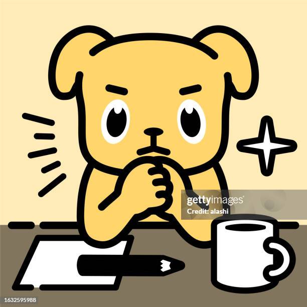 a labrador retriever leaning on a table with hands clasped on the chin, thinking, evaluating, considering - cool office stock illustrations