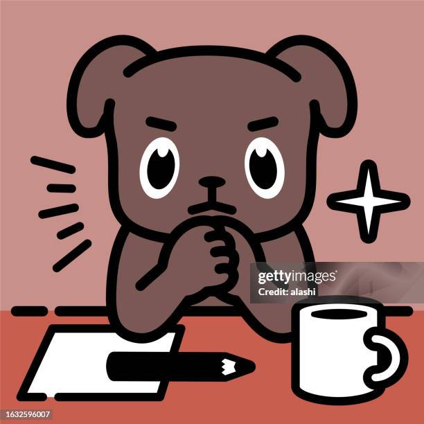 a labrador retriever leaning on a table with hands clasped on the chin, thinking, evaluating, considering - chin stock illustrations