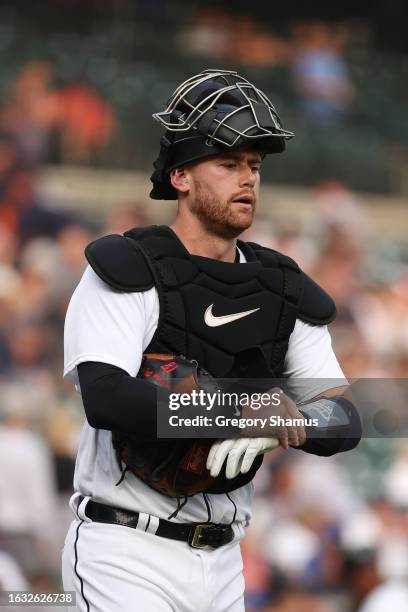 Carson Kelly of the Detroit Tigers plays against the Chicago Cubs at Comerica Park on August 21, 2023 in Detroit, Michigan.