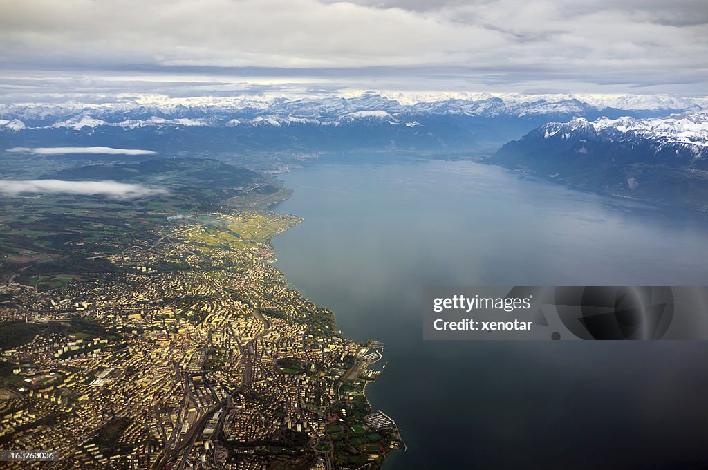 Aerial view of Lausanne and Lac Leman