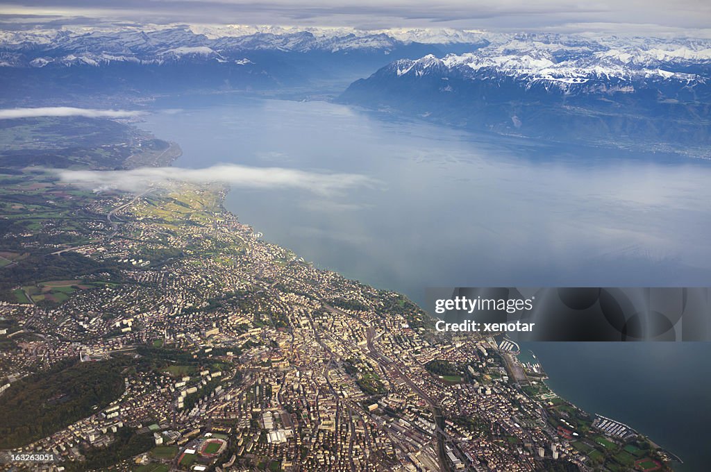 Aerial view of Lausanne and Lac Leman