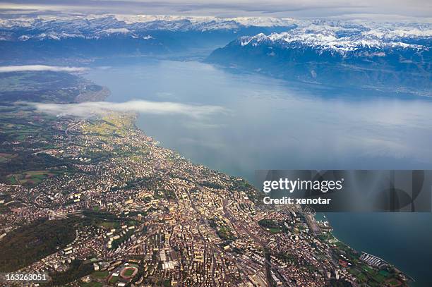 aerial view of lausanne and lac leman - lausanne stock pictures, royalty-free photos & images