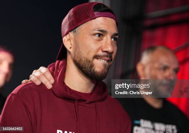 Luis Pajuelo of Peru reacts after being awarded a UFC contract during Dana White's Contender Series season seven, week three at UFC APEX on August...