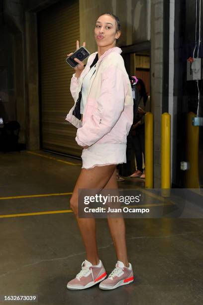 Dearica Hamby of the Los Angeles Sparks arrives to the arena before the game against the Chicago Sky on August 29, 2022 at Crypto.com Arena in Los...