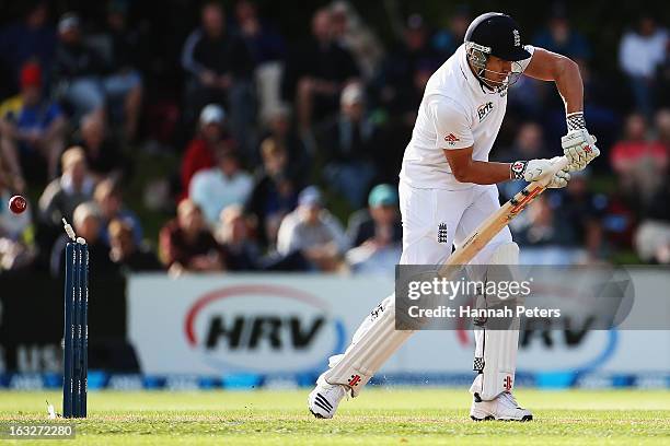 Nick Compton of England is bowled by Tim Southee of New Zealand during day two of the First Test match between New Zealand and England at University...