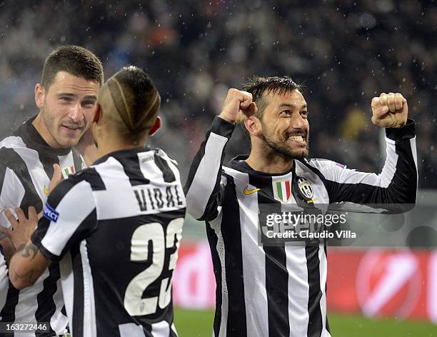 Fabio Quagliarella of Juventus celebrates scoring the second goal during the Champions League round of 16 second leg match between Juventus and...