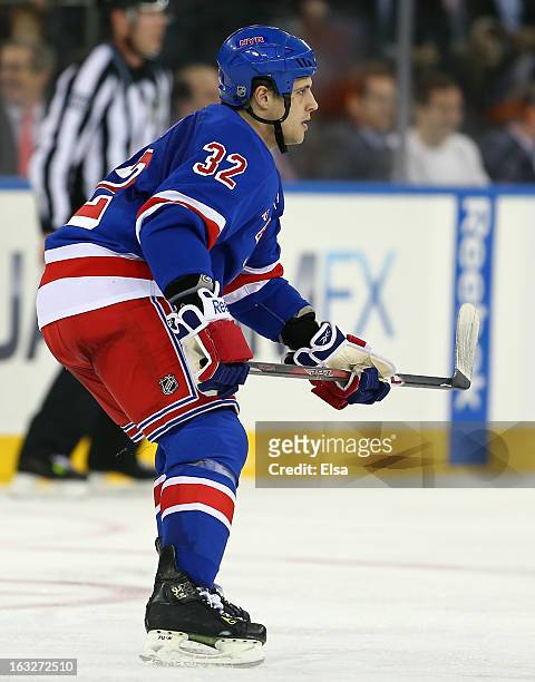 Michael Haley of the New York Rangers skates against the Philadelphia Flyers on March 5, 2013 at Madison Square Garden in New York City.The New York...