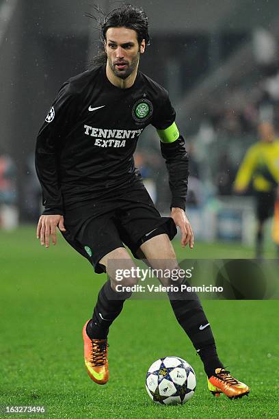 Giorgos Samaras of Celtic in action during the UEFA Champions League round of 16 second leg match between Juventus and Celtic at Juventus Arena on...