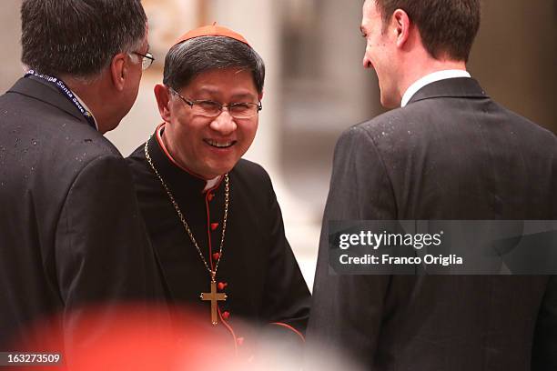 Filipino Cardinal Luis Antonio Tagle attends a meeting of prayer at St. Peter's Basilica on March 6, 2013 in Vatican City, Vatican. The start-date of...