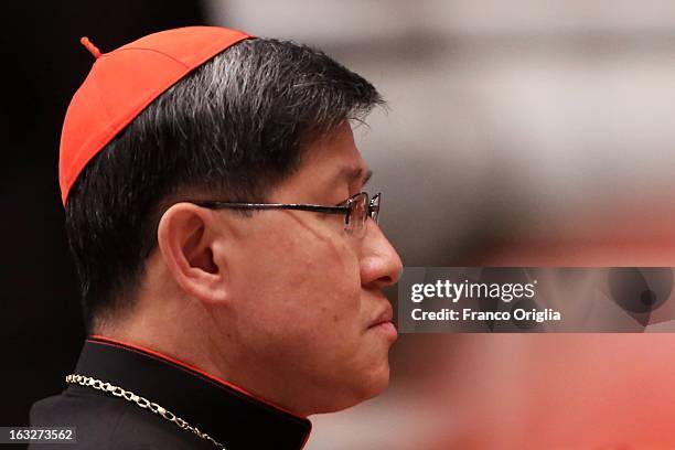 Filipino Cardinal Luis Antonio Tagle attends a meeting of prayer at St. Peter's Basilica on March 6, 2013 in Vatican City, Vatican. The start-date of...