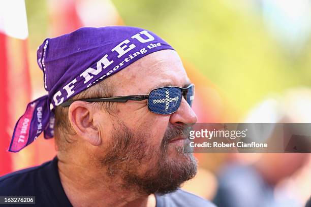 Protester looks on during a union organised protest against temporary worker visas on March 7, 2013 in Melbourne, Australia. As Australia heads...