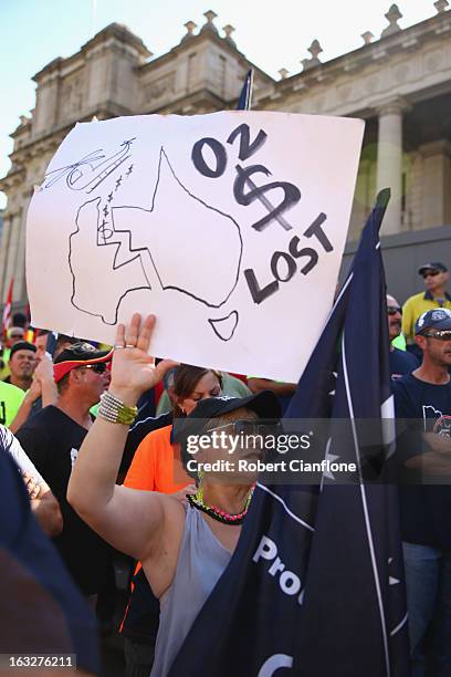 Protesters gather on the steps of State Parliament during a union organised protest against temporary worker visas on March 7, 2013 in Melbourne,...