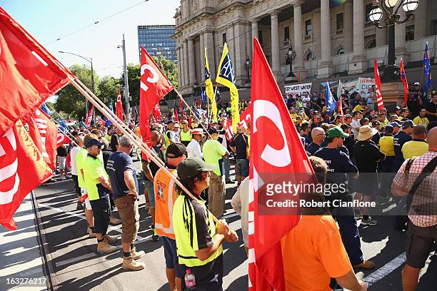Protesters gather on the steps of State Parliament during a union organised protest against temporary worker visas on March 7, 2013 in Melbourne,...