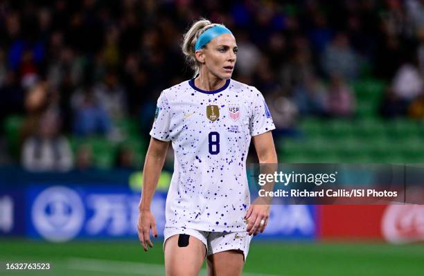 Julie Ertz of USA defending during a game between Sweden and USWNT at Melbourne Rectangular Stadium on August 6, 2023 in Melbourne, Australia.