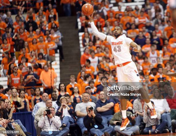 James Southerland of the Syracuse Orange catches a pass during the game against the DePaul Blue Demons during the game at the Carrier Dome on March...