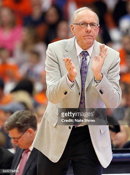 Head coach Jim Boeheim of the Syracuse Orange cheers from the sideline during the game against the DePaul Blue Demons at the Carrier Dome on March 6,...