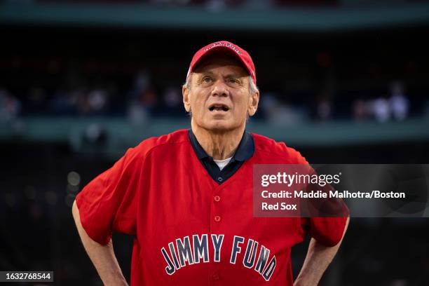 Boston Red Sox President and CEO Emeritus Larry Lucchino is presented with the 2023 Boston Red Sox Jimmy Fund Award before a game between the Houston...