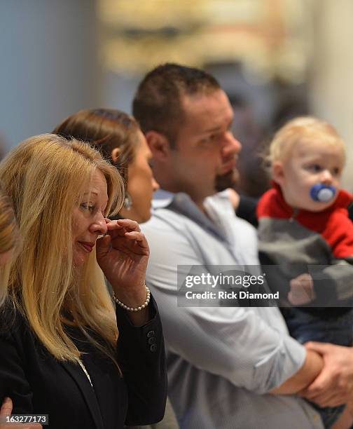 Gayle Inge - Mindy's Mother, Daughter in Law and Tim McCready - Mindy's Brother attend the memorial service for Mindy McCready at Cathedral of the...