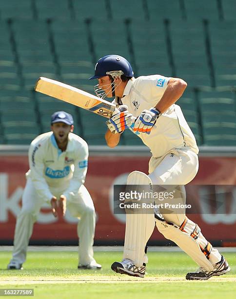 Will Sheridan of the Bushrangers plays a shot during day one of the Sheffield Shield match between the Victorian Bushrangers and the New South Wales...