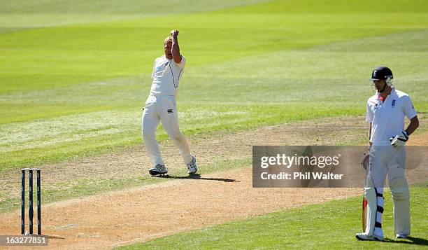 Neil Wagner of New Zealand celebrates his dismissal of Steven Finn of England during day two of the First Test match between New Zealand and England...