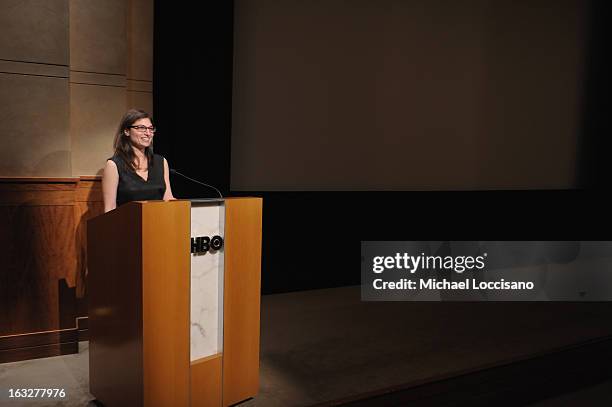 Filmmaker Sari Gilman addresses the audience during the HBO Documentary Films special screening of KINGS POINT at HBO Theater on March 6, 2013 in New...