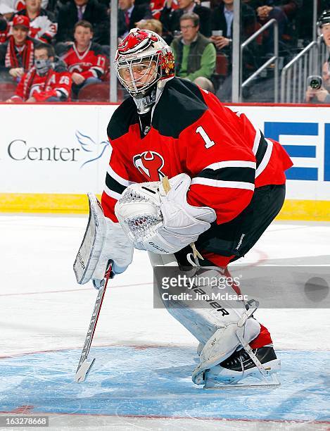Johan Hedberg of the New Jersey Devils in action against the Tampa Bay Lightning at the Prudential Center on March 5, 2013 in Newark, New Jersey....