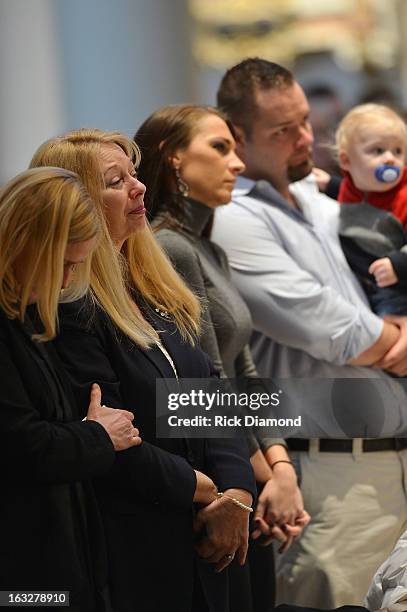 Gayle Inge - Mindy's Mother, Daughter in Law and Tim McCready - Mindy's Brother attend the memorial service for Mindy McCready at Cathedral of the...