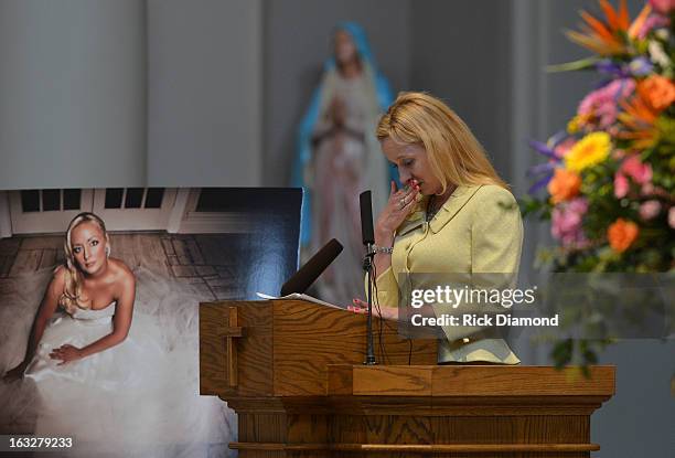 Tristan White, Mindy McCready's cousin speaks during the memorial service for Mindy McCready at Cathedral of the Incarnation on March 6, 2013 in...