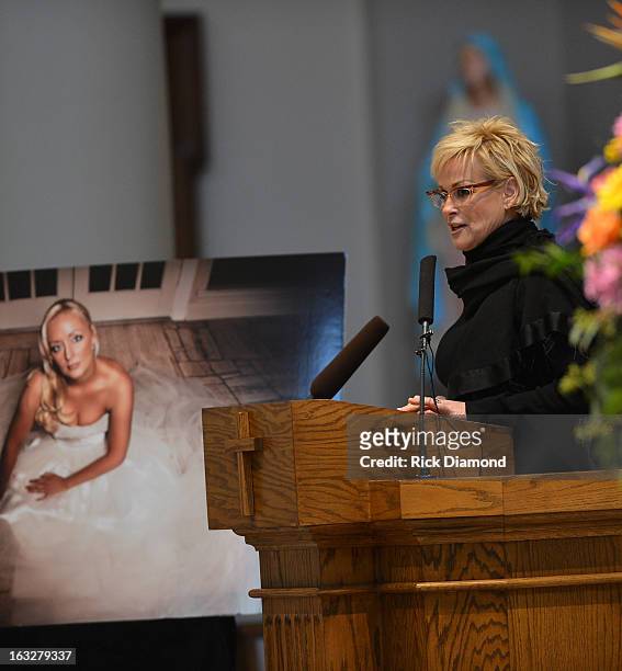 Lorrie Morgan speaks during the memorial service for Mindy McCready at Cathedral of the Incarnation on March 6, 2013 in Nashville, Tennessee....