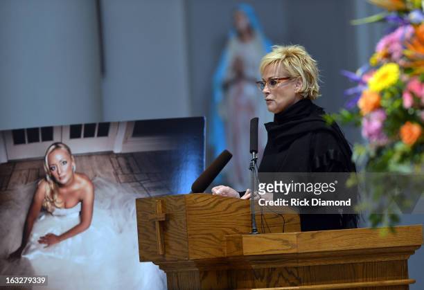 Lorrie Morgan speaks during the memorial service for Mindy McCready at Cathedral of the Incarnation on March 6, 2013 in Nashville, Tennessee....