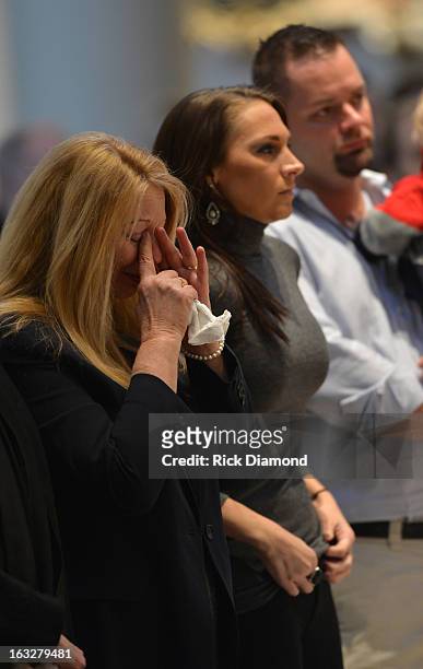 Gayle Inge - Mindy's Mother, Daughter in Law and Tim McCready - Mindy's Brother attend the memorial service for Mindy McCready at Cathedral of the...