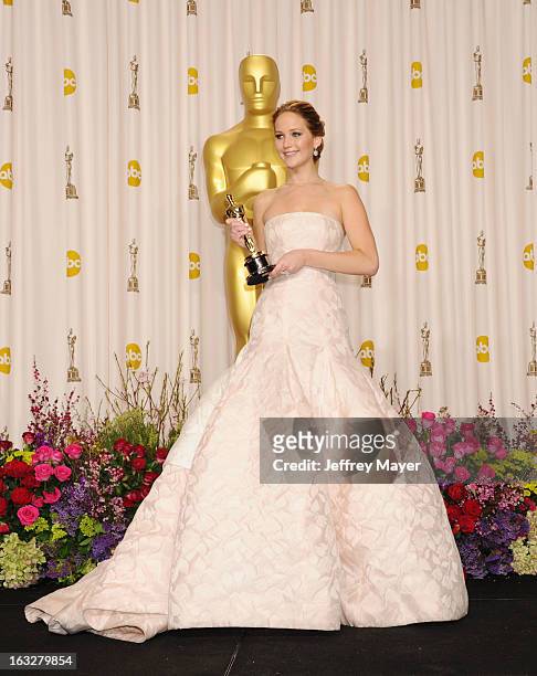 Jennifer Lawrence poses in the press room during the 85th Annual Academy Awards at the Loews Hollywood Hotel on February 24, 2013 in Hollywood,...