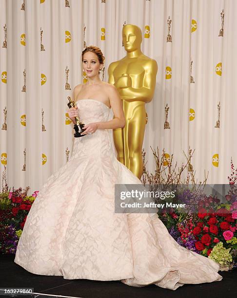 Jennifer Lawrence poses in the press room during the 85th Annual Academy Awards at the Loews Hollywood Hotel on February 24, 2013 in Hollywood,...