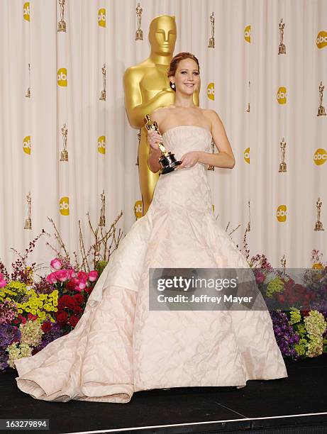 Jennifer Lawrence poses in the press room during the 85th Annual Academy Awards at the Loews Hollywood Hotel on February 24, 2013 in Hollywood,...