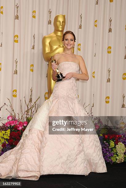 Jennifer Lawrence poses in the press room during the 85th Annual Academy Awards at the Loews Hollywood Hotel on February 24, 2013 in Hollywood,...