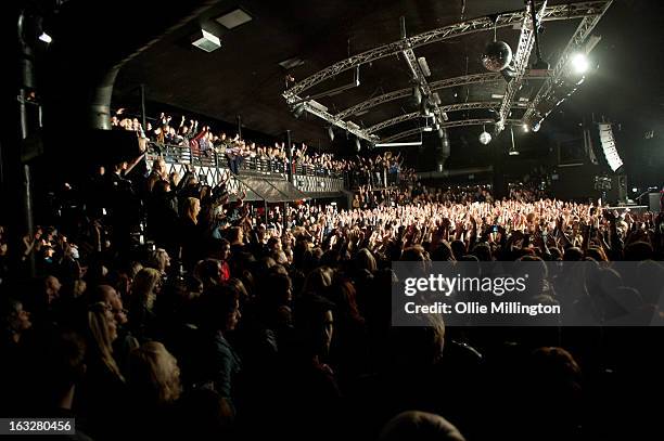 Music fans in the audiance watch on with hands in the air as Lawson perform during a sold out show on their Chapman Square Tour at Rock City on March...