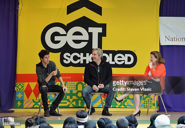 Actor Nat Wolff, director Paul Weitz and moderator/founder and executive director of National College Advising Group Nicole Farmer Hurd attend a...