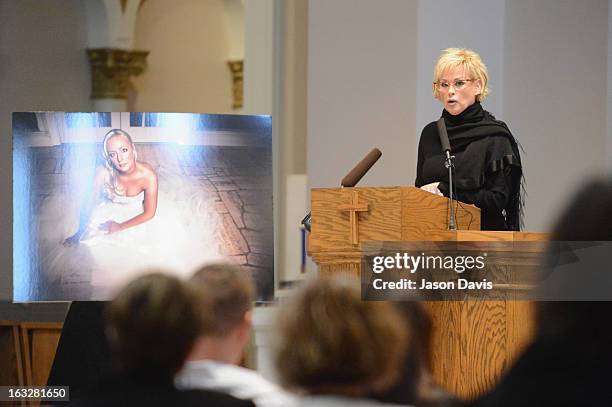 Lorrie Morgan speaks during the Mindy McCready Memorial Service at Cathedral of the Incarnation on March 6, 2013 in Nashville, Tennessee. McCready...