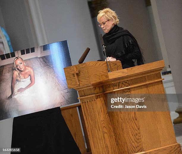 Lorrie Morgan speaks during the Mindy McCready Memorial Service at Cathedral of the Incarnation on March 6, 2013 in Nashville, Tennessee. McCready...