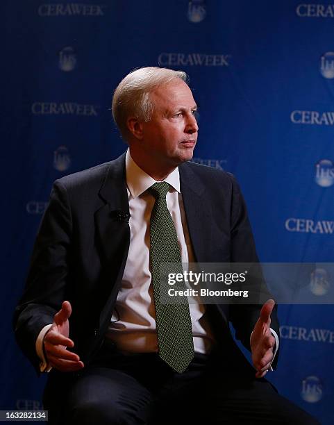 Robert "Bob" Dudley, chief executive officer of BP Plc, speaks during an interview at the 2013 IHS CERAWeek conference in Houston, Texas, U.S., on...