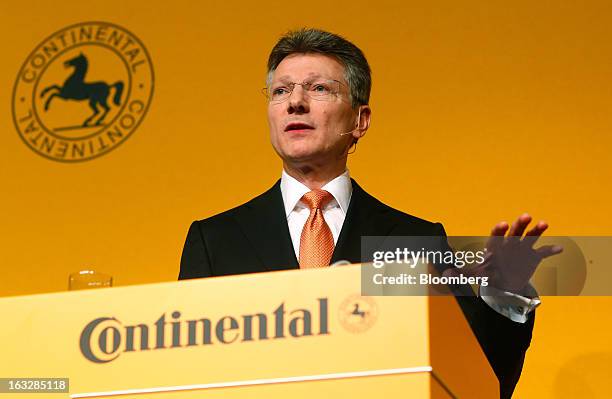 Elmar Degenhart, chief executive officer of Continental AG, gestures whilst speaking during a news conference to announce earnings in Frankfurt,...