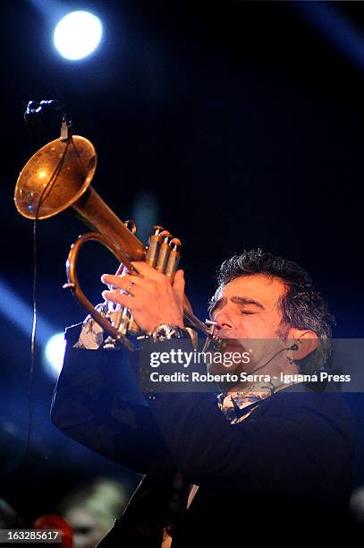 Italian jazz player Paolo Fresu performs the Lucio Dalla Tribute at Piazza Maggiore on March 4, 2013 in Bologna, Italy.