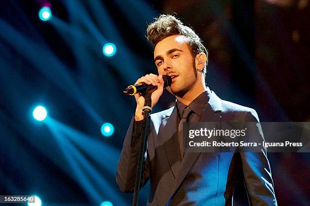 Italian pop singer Marco Mengoni performs the Lucio Dalla Tribute at Piazza Maggiore on March 4, 2013 in Bologna, Italy.